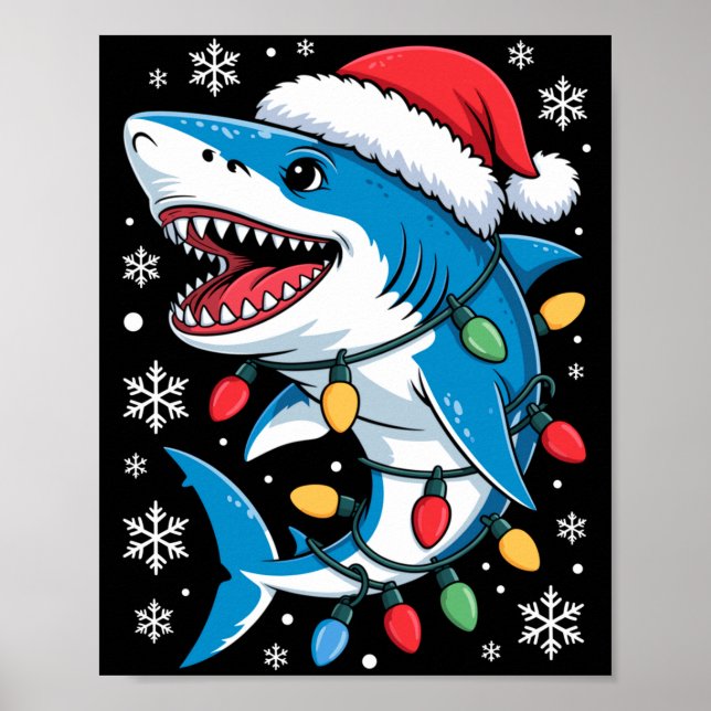 Christmas Shark Santa Hat Wrapped Lights Holiday S Poster (Front)