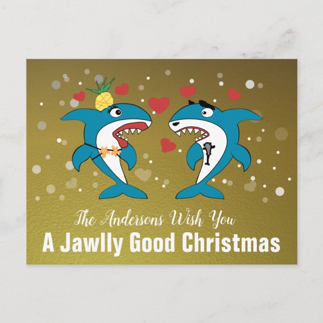 Christmas Sharks Gold Personalized Typography Holiday Postcard (Front)