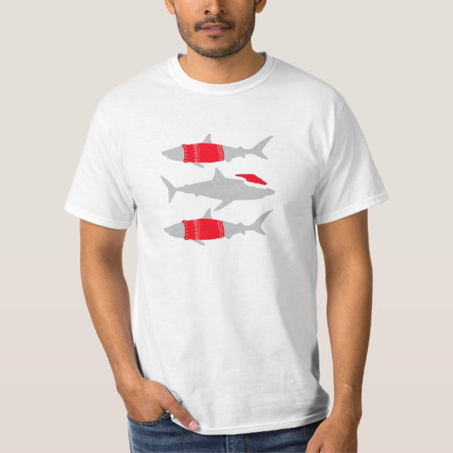Christmas Sharks in Santa Hats and Jumpers T-Shirt (Front)