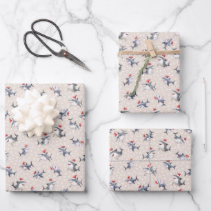 Christmas Sharks & Snowflakes on Beige Wrapping Paper Sheets