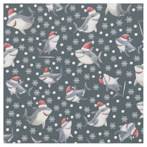 Christmas Sharks & Snowflakes on Dark Gray-Blue Fabric