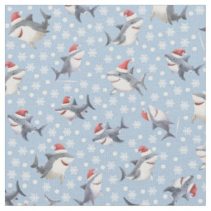Christmas Sharks & Snowflakes on Light Blue Fabric