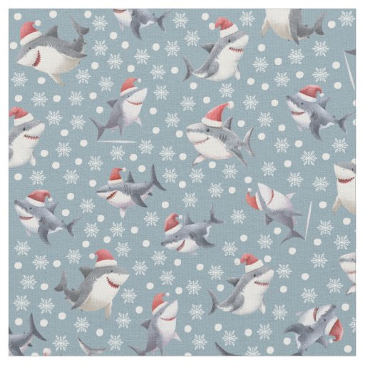 Christmas Sharks & Snowflakes on Light Gray-Blue Fabric