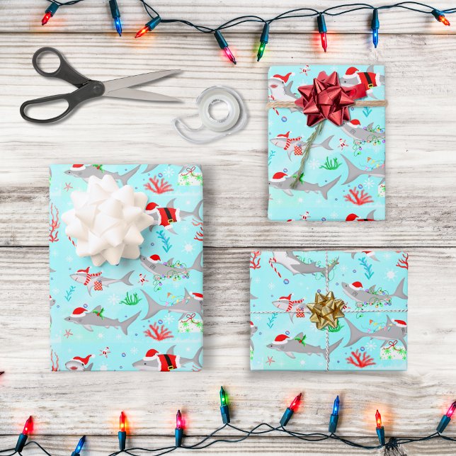 Christmas Sharks Wrapping Paper Sheets (Dive into joy with 'Jolly Sharkmas,' gifting smiles to little shark enthusiasts!)