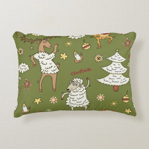 Christmas Sheep Animal Vintage Illustration Accent Pillow