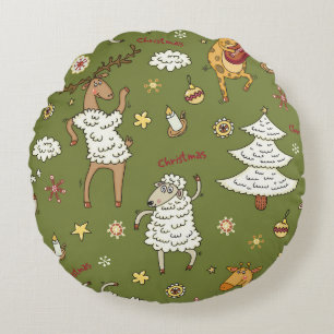 Christmas Sheep: Animal Vintage Illustration. Round Pillow
