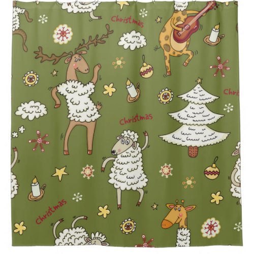 Christmas Sheep Animal Vintage Illustration Shower Curtain