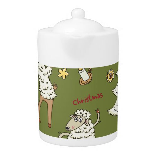 Christmas Sheep Animal Vintage Illustration Teapot