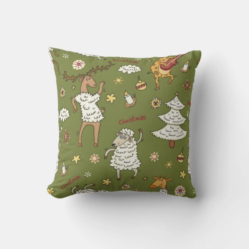 Christmas Sheep Animal Vintage Illustration Throw Pillow