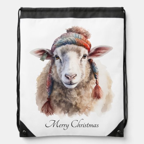 Christmas Sheep Drawstring Bag