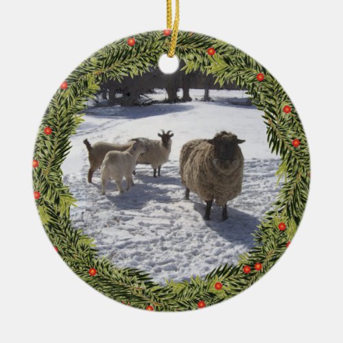 Christmas Sheep n Goats in the Snow Ceramic Ornament