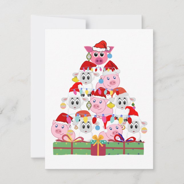 Christmas Sheep & Pig Tree Note Card (Front)