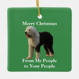 Christmas Sheepdog with Holiday Message Ceramic Ornament