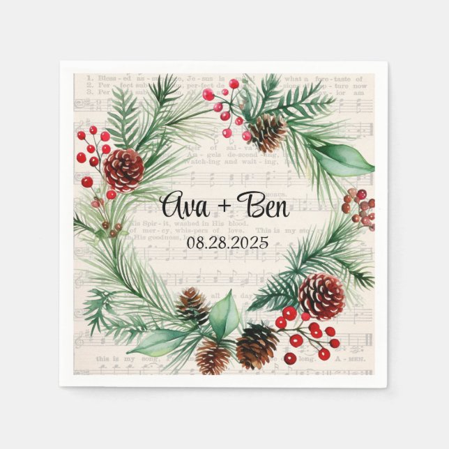 Christmas Sheet Music Red Berry Wreath Wedding  Napkins (Front)
