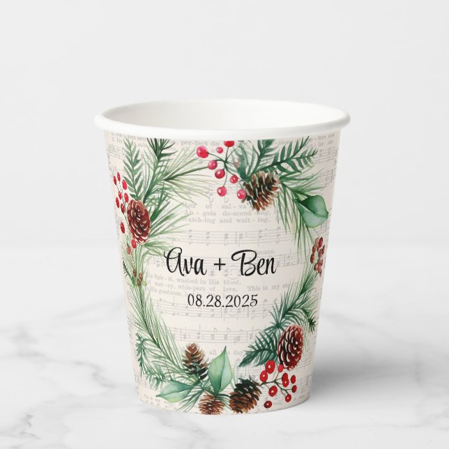 Christmas Sheet Music Red Berry Wreath Wedding  Paper Cups (Front)