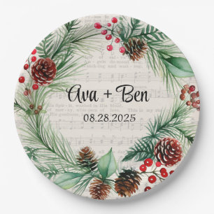 Christmas Sheet Music Red Berry Wreath Wedding Paper Plates