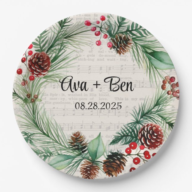 Christmas Sheet Music Red Berry Wreath Wedding  Paper Plates (Front)