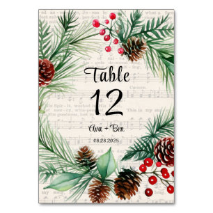 Christmas Sheet Music Red Berry Wreath Wedding Table Number