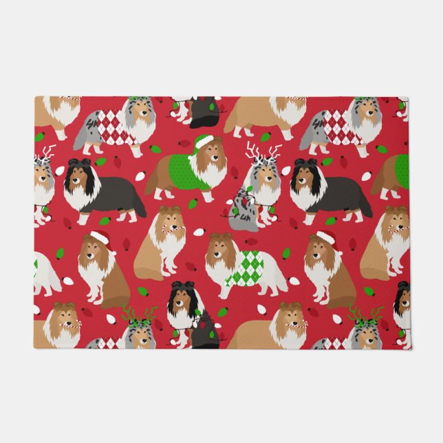 Christmas Sheltie Shetland Sheepdog Doormat (Front)