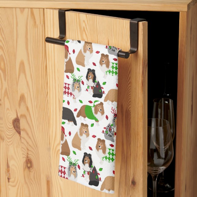Christmas Sheltie Shetland Sheepdog Kitchen Towel (Thirds Fold)