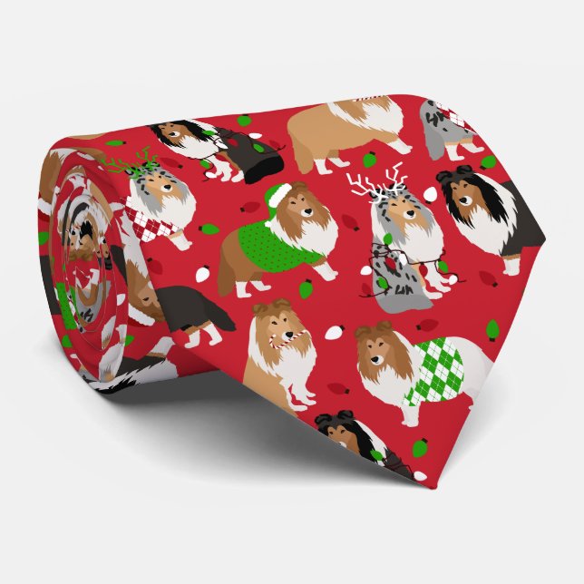 Christmas Sheltie Shetland Sheepdog Neck Tie (Rolled)