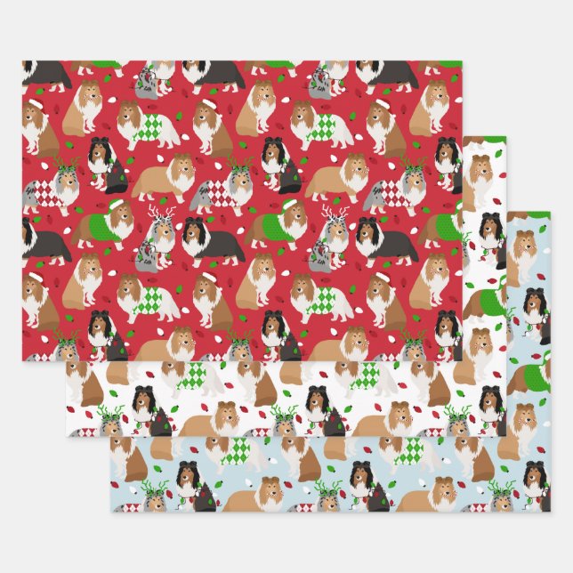 Christmas Sheltie Shetland Sheepdog Wrapping Paper Sheets (Set)