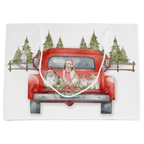 Christmas Shelties in a Red Vintage Truck Large Gift Bag