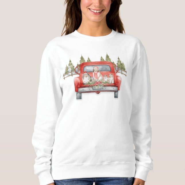 Christmas Shelties in a Red Vintage Truck Sweatshirt (Front)