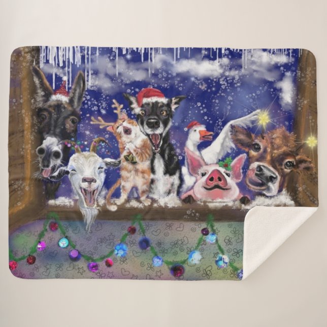 Christmas Sherpa Blanket Funny Farm Animal Party (Front (Horizontal))