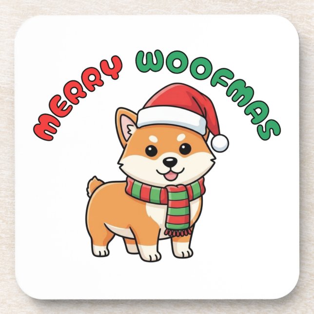 Christmas Shiba Inu Coaster: Merry Woofmas Beverage Coaster (Front)