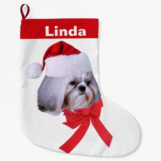 Christmas, Shih Tzu Dog, Santa Hat, Customizable Large Christmas Stocking (Front)