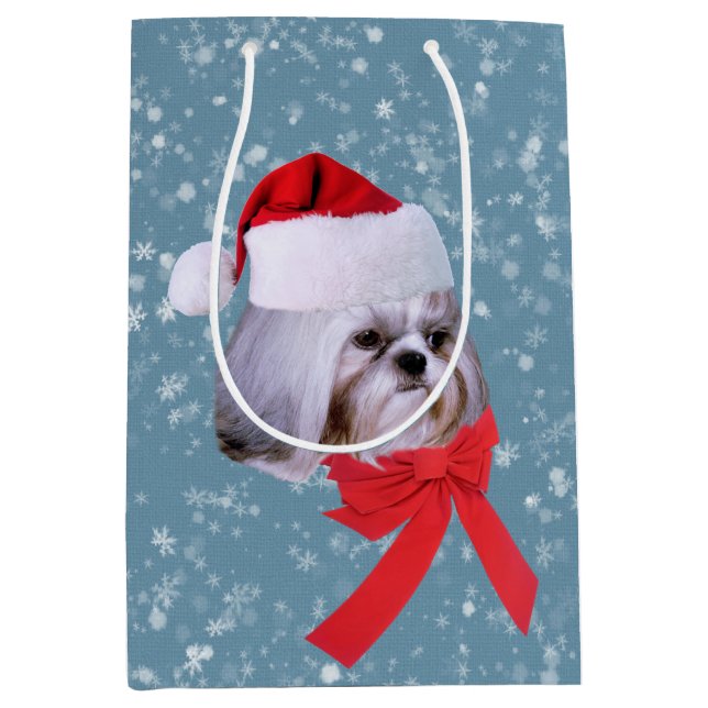 Christmas, Shih Tzu Dog, Santa Hat Medium Gift Bag (Front)