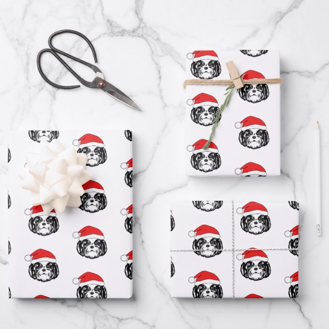 Christmas Shih Tzu Dog Santa Hat Wrapping Paper Sheets (Front)
