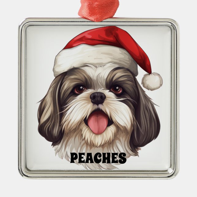 CHRISTMAS SHIH TZU DOG WITH SANTA HAT METAL ORNAMENT (Front)