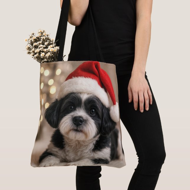 Christmas Shih Tzu Dog With Santa Hat Tote Bag (Close Up)