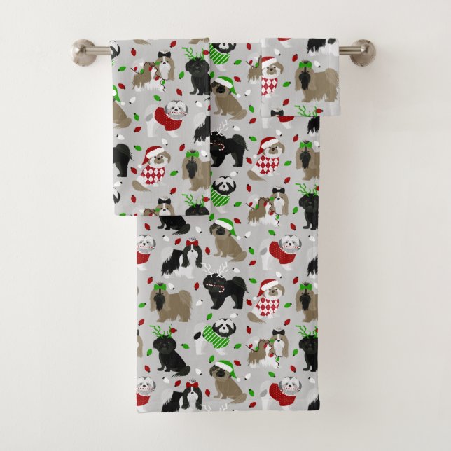 Christmas Shih Tzu Dogs Bath Towel Set (Insitu)