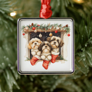 Christmas Shih Tzu Dogs Metal Ornament