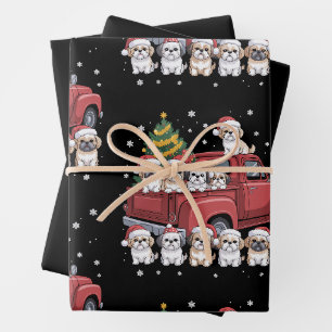 Christmas Shih Tzu Dogs Red Truck Santa Hat Tree Wrapping Paper Sheets