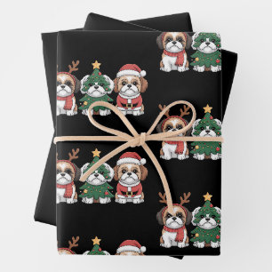 Christmas Shih Tzu Dogs Reindeer Antlers Xmas Tree Wrapping Paper Sheets