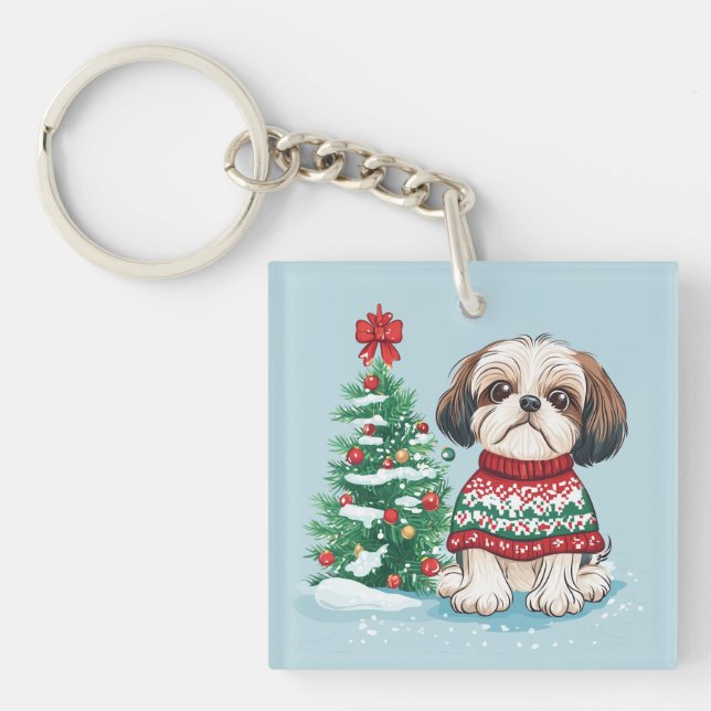 Christmas Shih Tzu Santa Dog Keychain (Front)