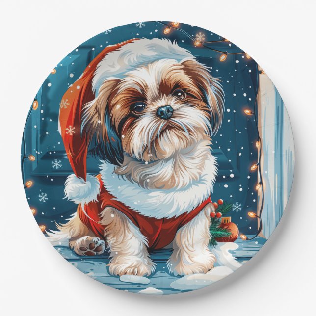 Christmas Shih Tzu Santa Dog Paper Plates (Front)