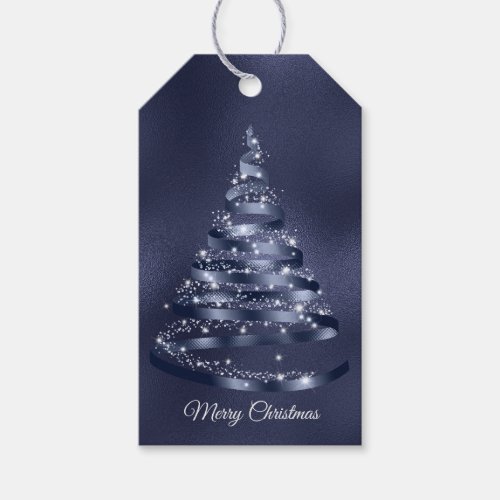 Christmas Shiny Blue Ribbon Tree Sparkle Gift Tags