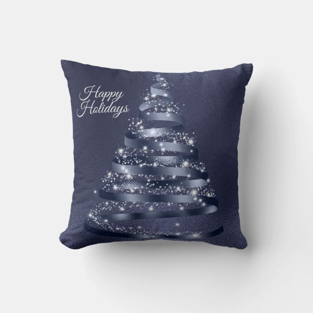 Christmas Shiny Blue Ribbon Tree Sparkle Throw Pillow (Front)