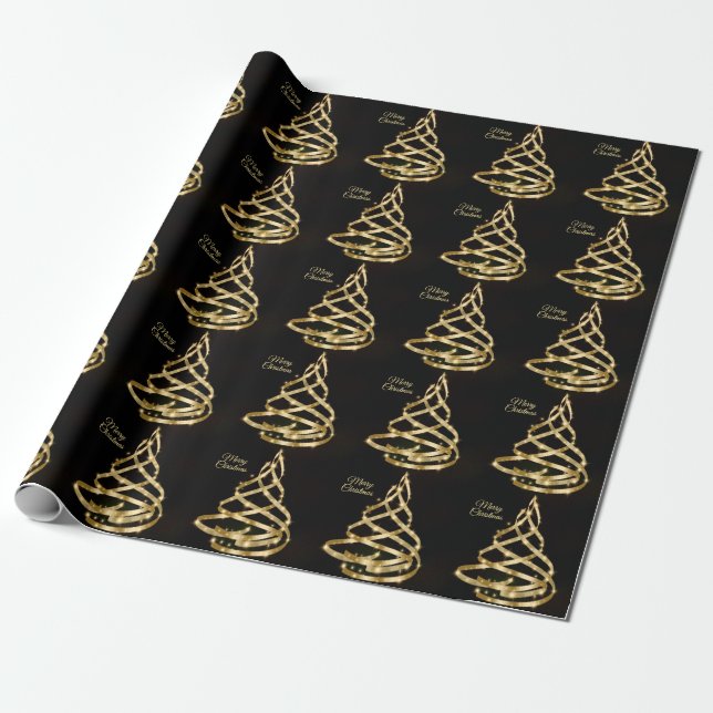 Christmas Shiny Golden Ribbon Tree Sparkle Black Wrapping Paper (Unrolled)