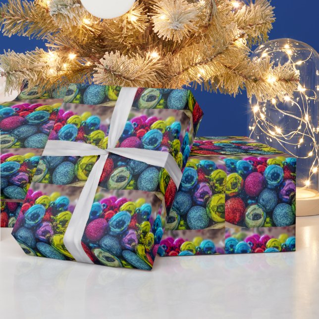 Christmas Shiny Ornaments Blue Green Red Pink  Wrapping Paper (Holidays)