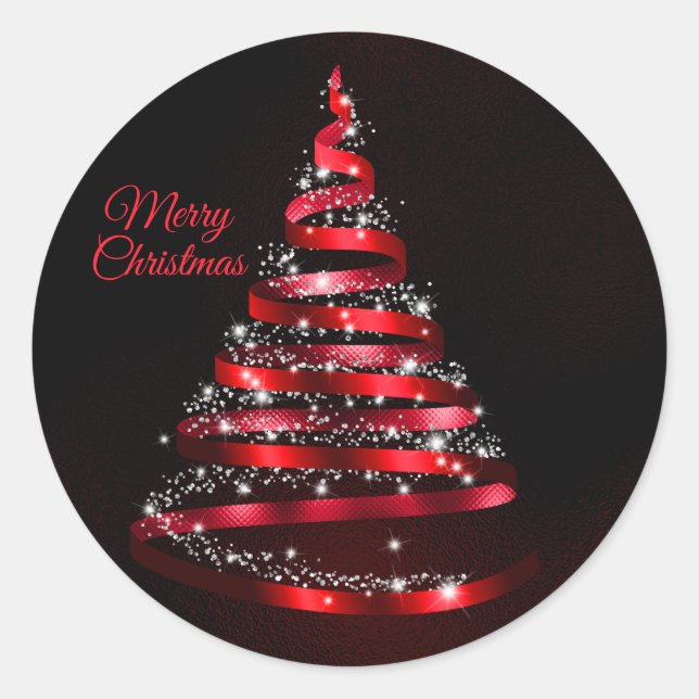 Christmas Shiny Red Ribbon Tree Sparkle Black Classic Round Sticker (Front)