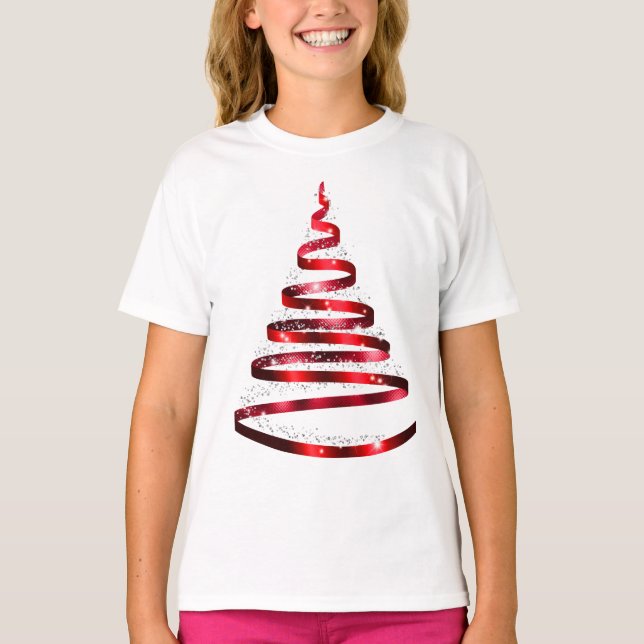 Christmas Shiny red Ribbon Tree Sparkle T-Shirt (Front)