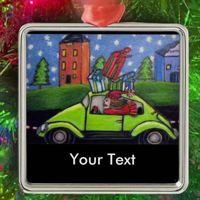 Christmas Shopping Car Gifts Metal Ornament (Woman driving green car with Christmas Presents past building trees on Christmas ornament.)