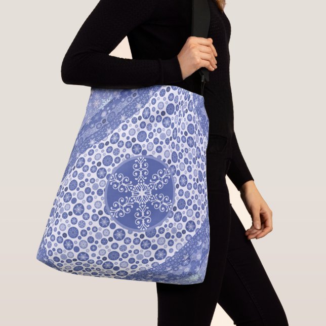 Christmas Shopping Elegant Blue Snowflakes Crossbody Bag (Close Up)