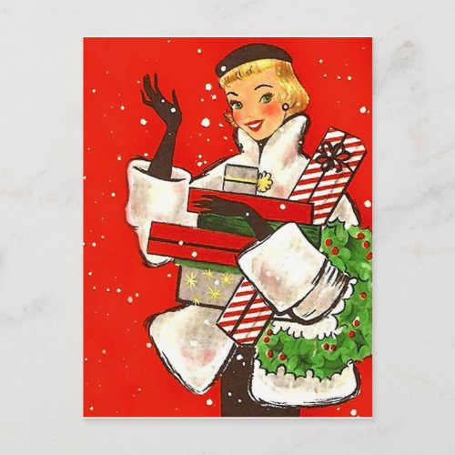 Christmas shopping girl vintage holiday greeting postcard